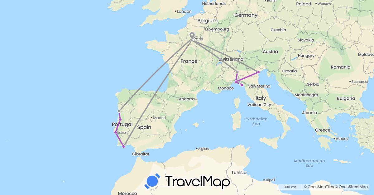TravelMap itinerary: driving, plane, train in France, Italy, Portugal (Europe)